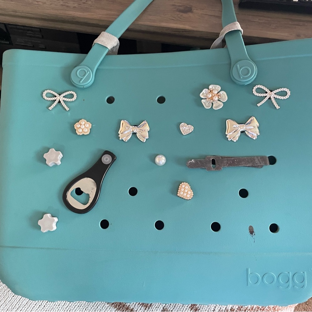BOGG BAG turquoise tote with pearl and silver charms